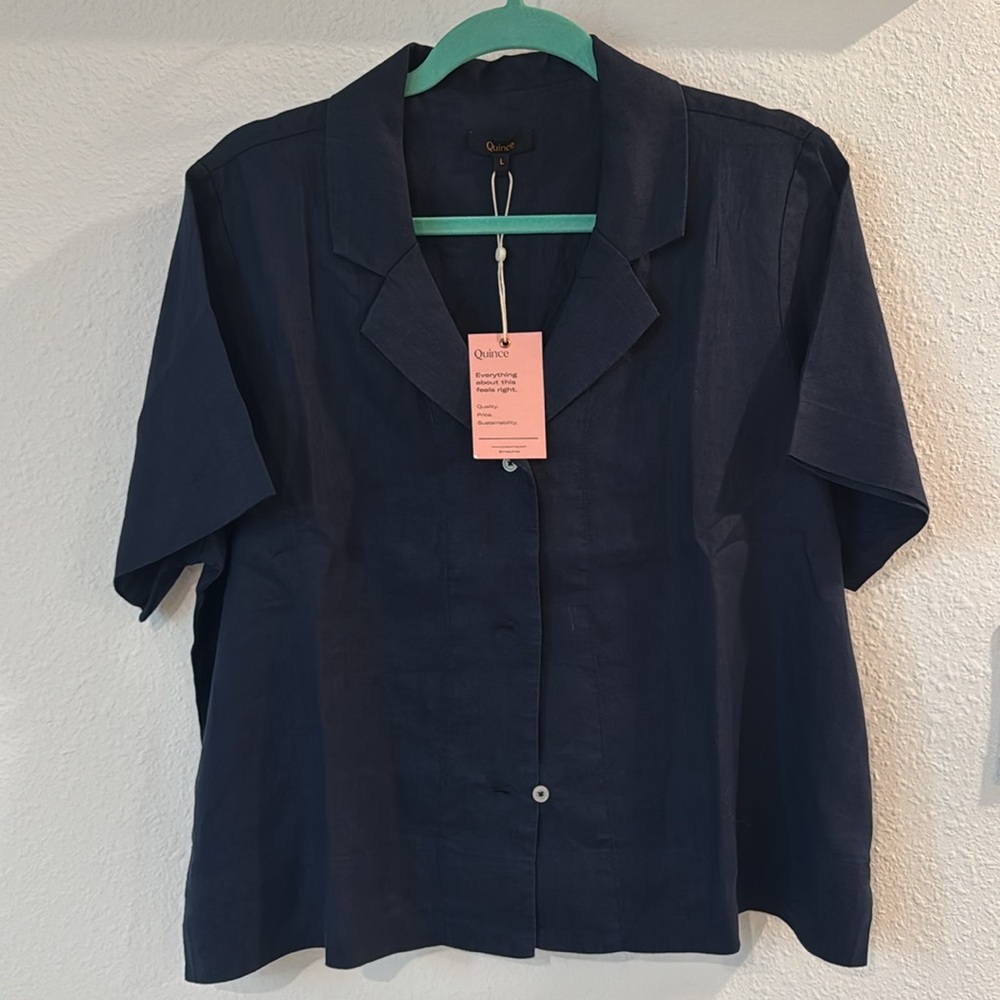 Quince Women's 100% European Linen Short Sleeve Shirt Navy Blue L